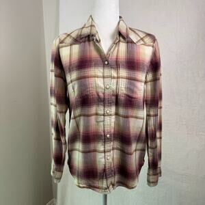 American Eagle Woman Cowboy Plaid Flannel Long Sleeve Boyfriend Shirt Sz Small